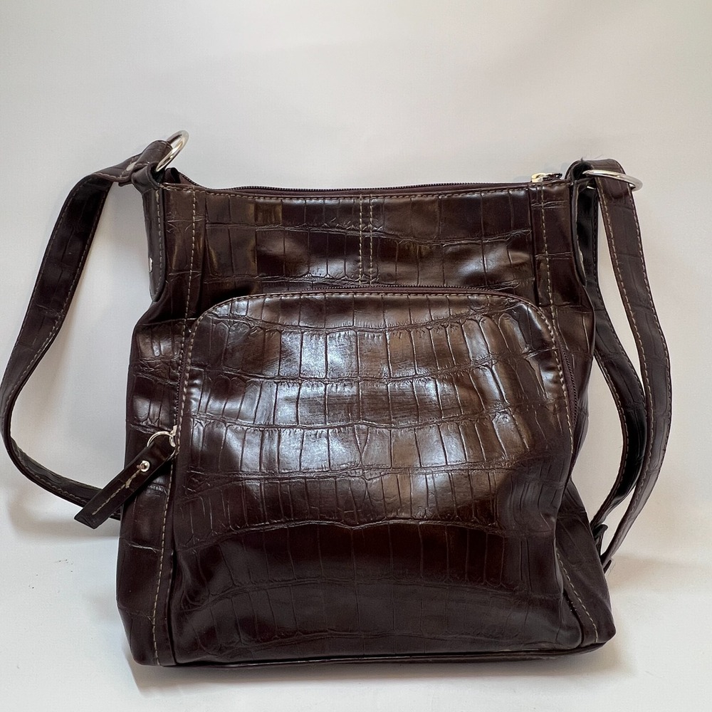 Relic Brown Crossbody Faux Leather Purse Crocodile Style Zip Closure - Picture 10 of 16